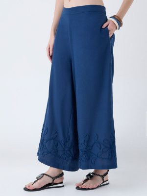 Utsa Indigo Floral Embroidered Cotton-Blend Palazzos