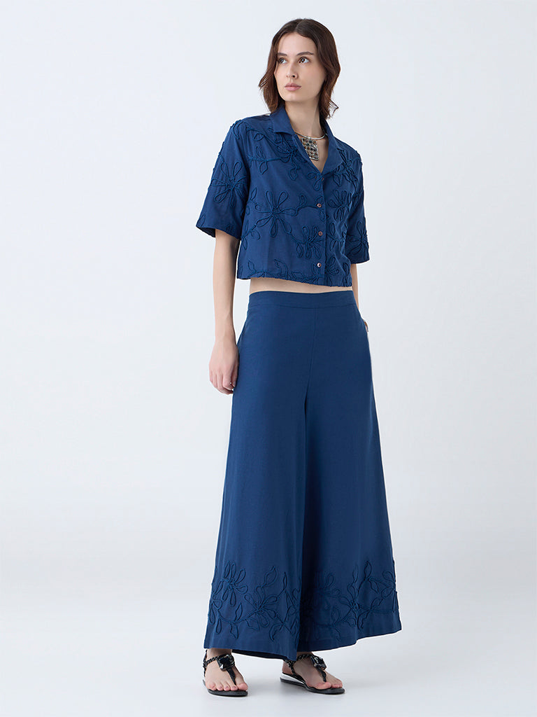 Utsa Indigo Floral Embroidered Cotton-Blend Palazzos - Image 2