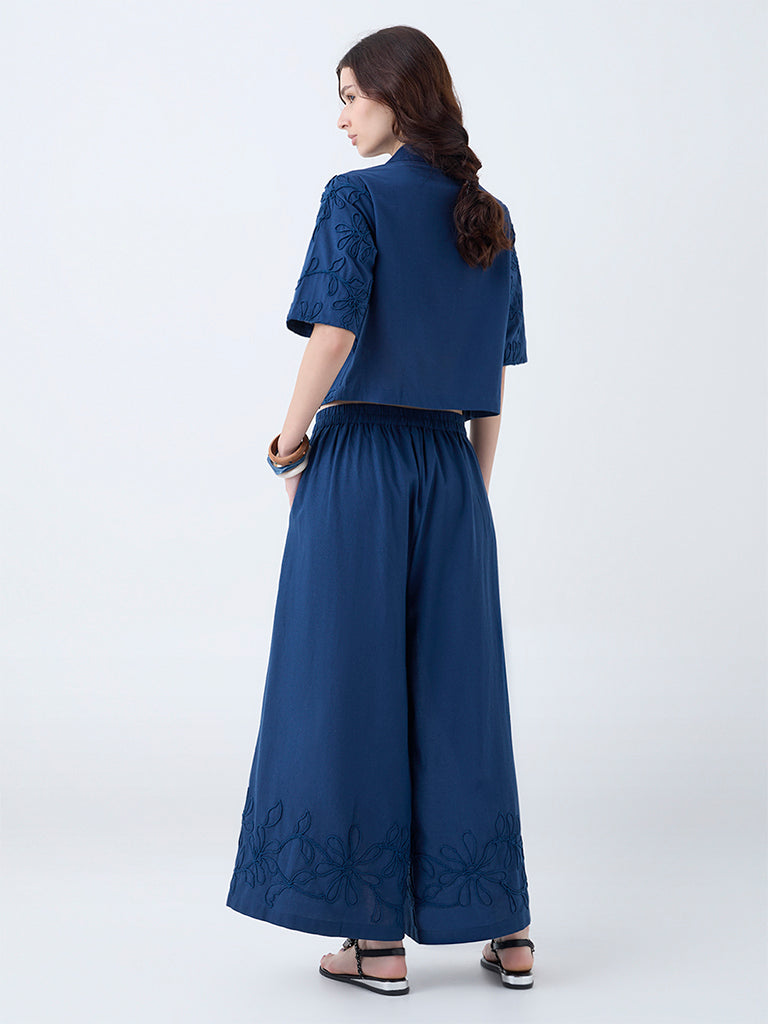 Utsa Indigo Floral Embroidered Cotton-Blend Palazzos - Image 4