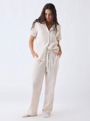 Wunderlove Beige Striped Cotton Shirt and Pyjamas Set