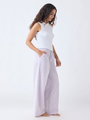 Wunderlove Lilac Seersucker Striped High-Rise Cotton Pants