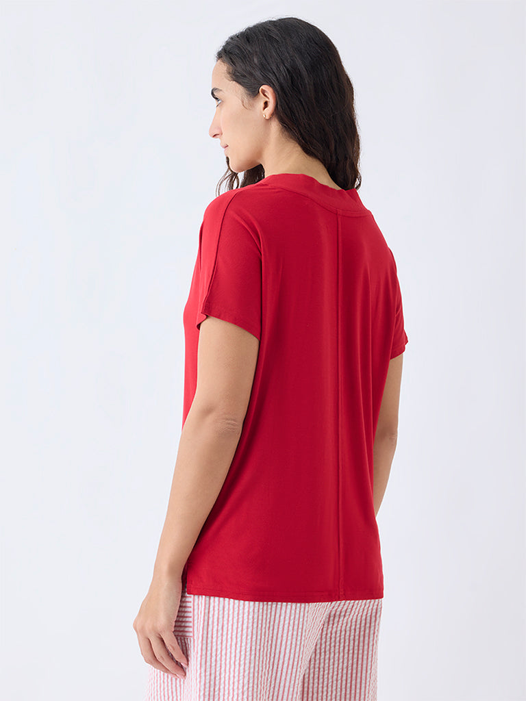 Wunderlove Red Solid V-Neck Top - Image 4