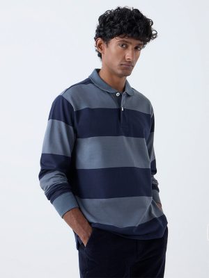 WES Casuals Dark Blue Striped Relaxed Fit Cotton-Blend Polo T-Shirt
