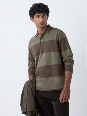 WES Casuals Olive Striped Relaxed Fit Cotton-Blend Polo T-Shirt