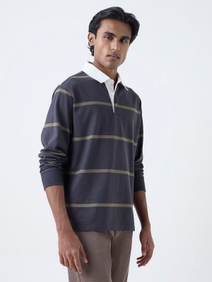 WES Casuals Black Stripe Relaxed-Fit Cotton-Blend Polo T-Shirt