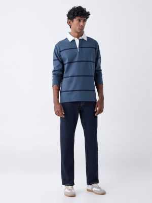 WES Casuals Dusty Blue Striped Relaxed Fit Cotton-Blend Polo T-Shirt