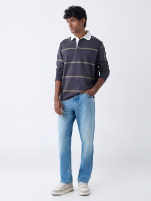 WES Casuals Dark Grey Striped Relaxed Fit Cotton-Blend Polo T-Shirt