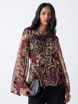 LOV Burgundy Printed Cotton Top with Camisole