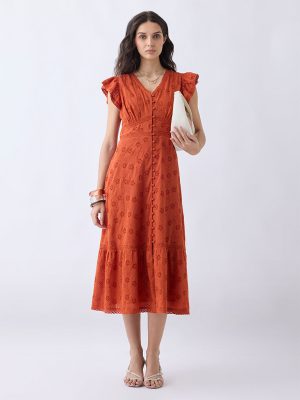 LOV Orange Floral Embroidered Cotton A-Line Dress