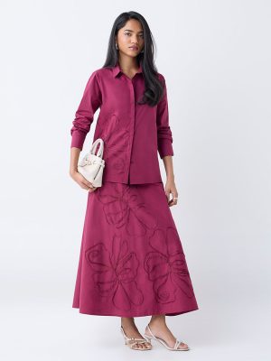 LOV Burgundy Floral Embroidered High-Rise Cotton Skirt