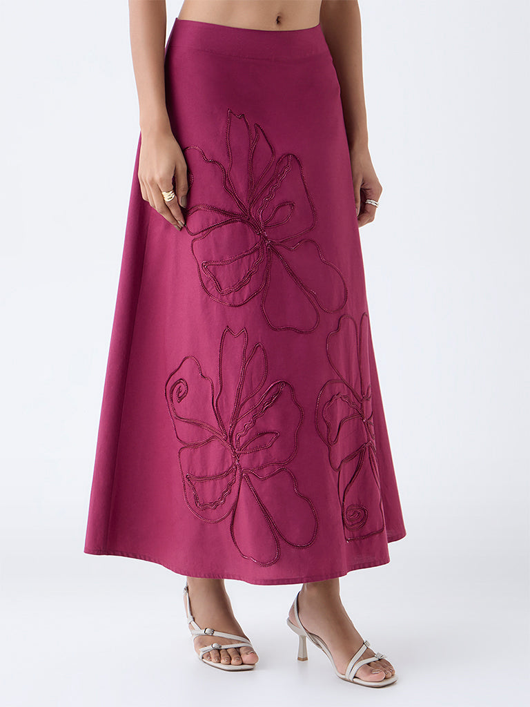LOV Burgundy Floral Embroidered High-Rise Cotton Skirt - Image 2