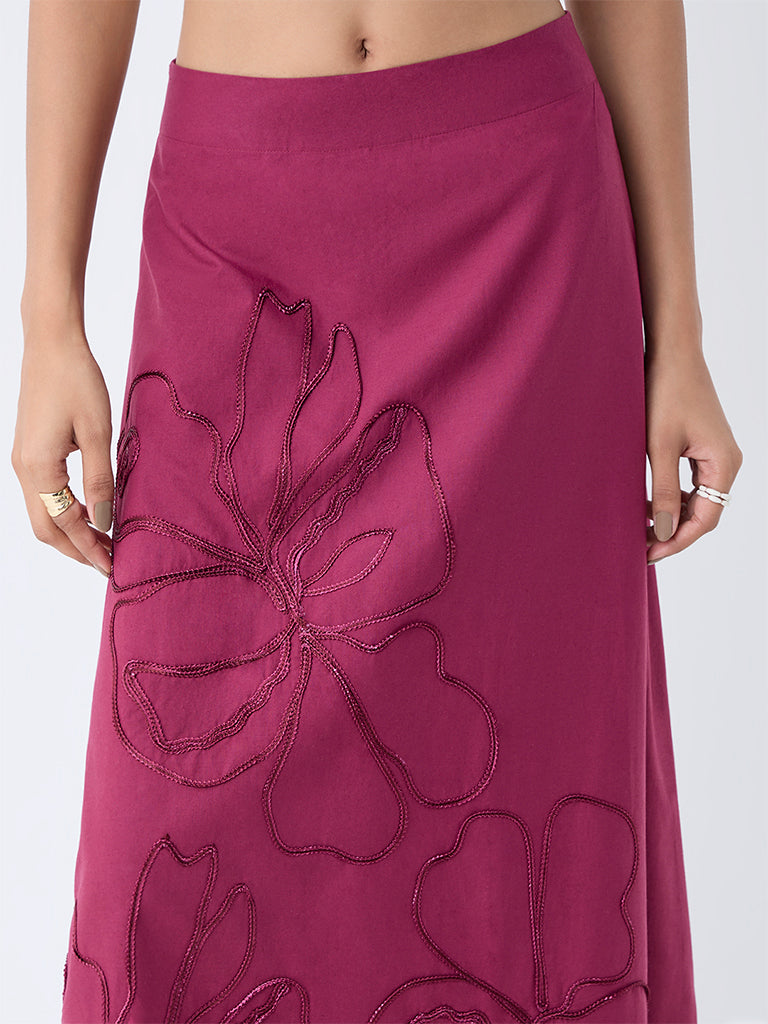 LOV Burgundy Floral Embroidered High-Rise Cotton Skirt - Image 3