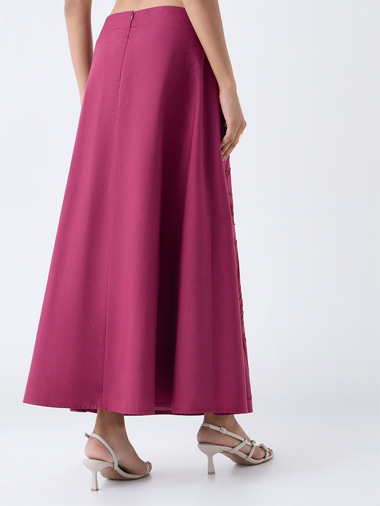 LOV Burgundy Floral Embroidered High-Rise Cotton Skirt - Image 4
