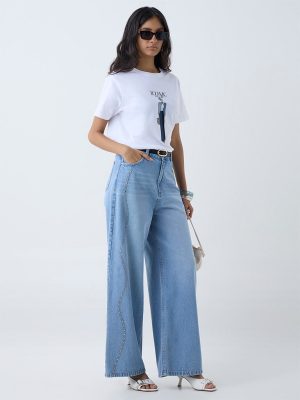 LOV White Graphic Printed Cotton T-Shirt