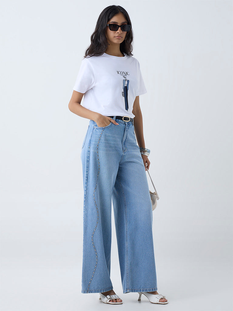 LOV White Graphic Printed Cotton T-Shirt