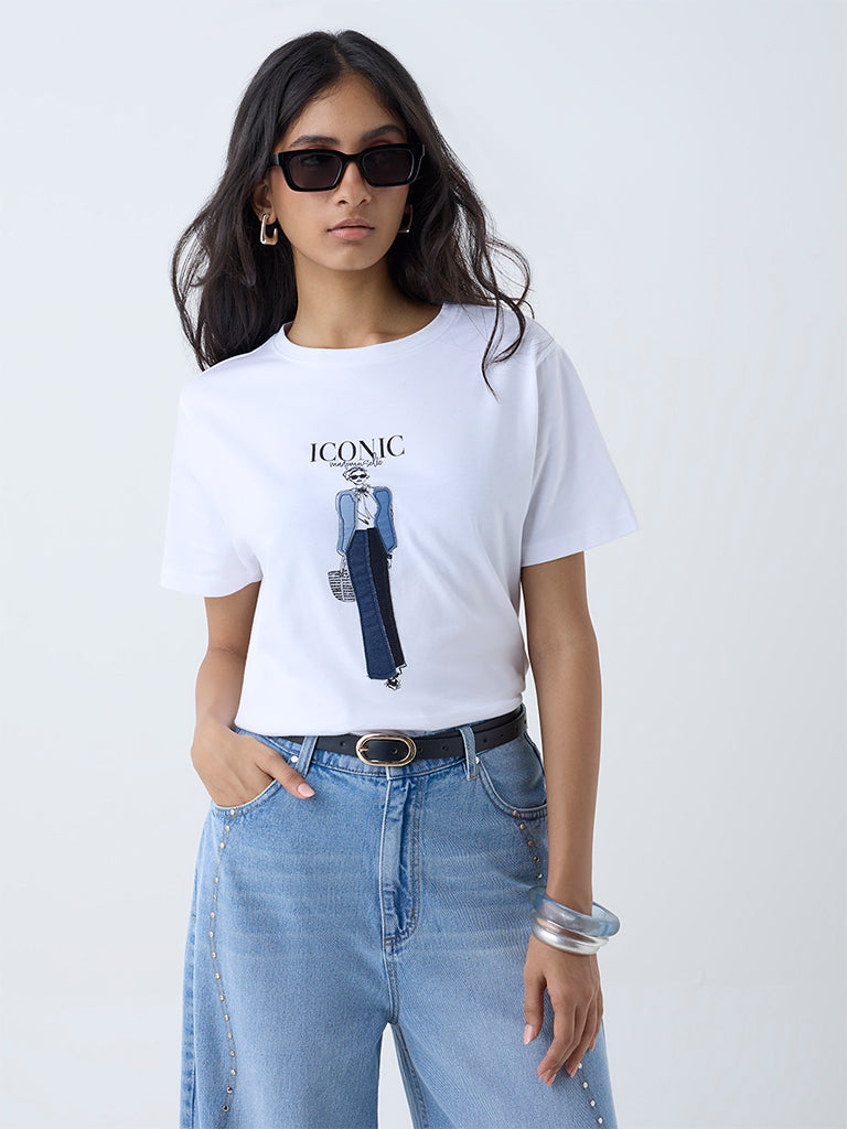 LOV White Graphic Printed Cotton T-Shirt - Image 2