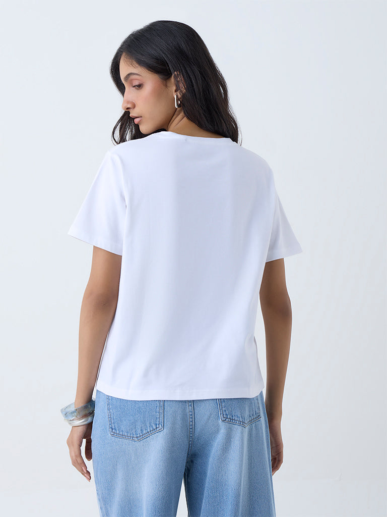 LOV White Graphic Printed Cotton T-Shirt - Image 4