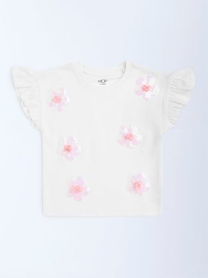 HOP Kids Off-White Floral Embellished Cotton Top
