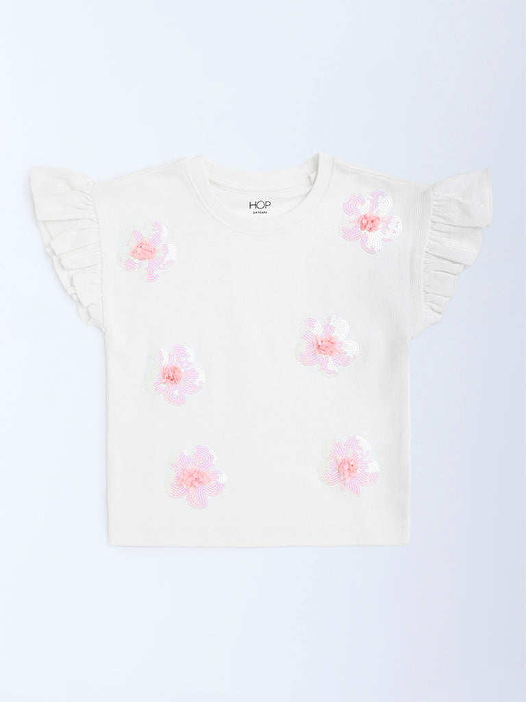 HOP Kids Off-White Floral Embellished Cotton Top
