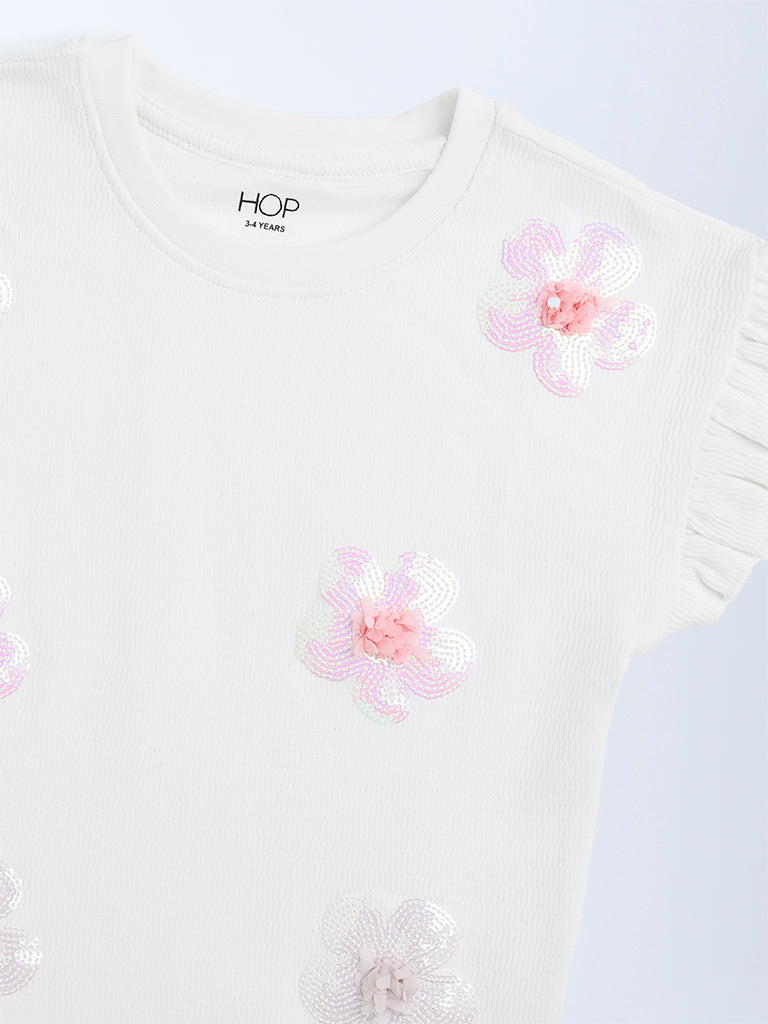 HOP Kids Off-White Floral Embellished Cotton Top - Image 3