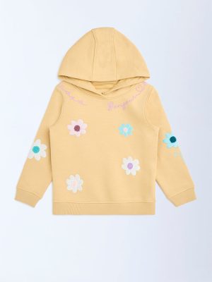 HOP Kids Mustard Floral Embroidered Cotton-Blend Hoodie