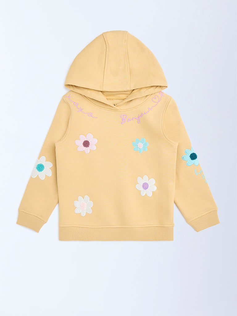 HOP Kids Mustard Floral Embroidered Cotton-Blend Hoodie