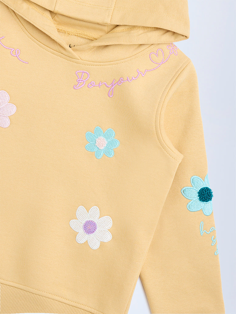 HOP Kids Mustard Floral Embroidered Cotton-Blend Hoodie - Image 3