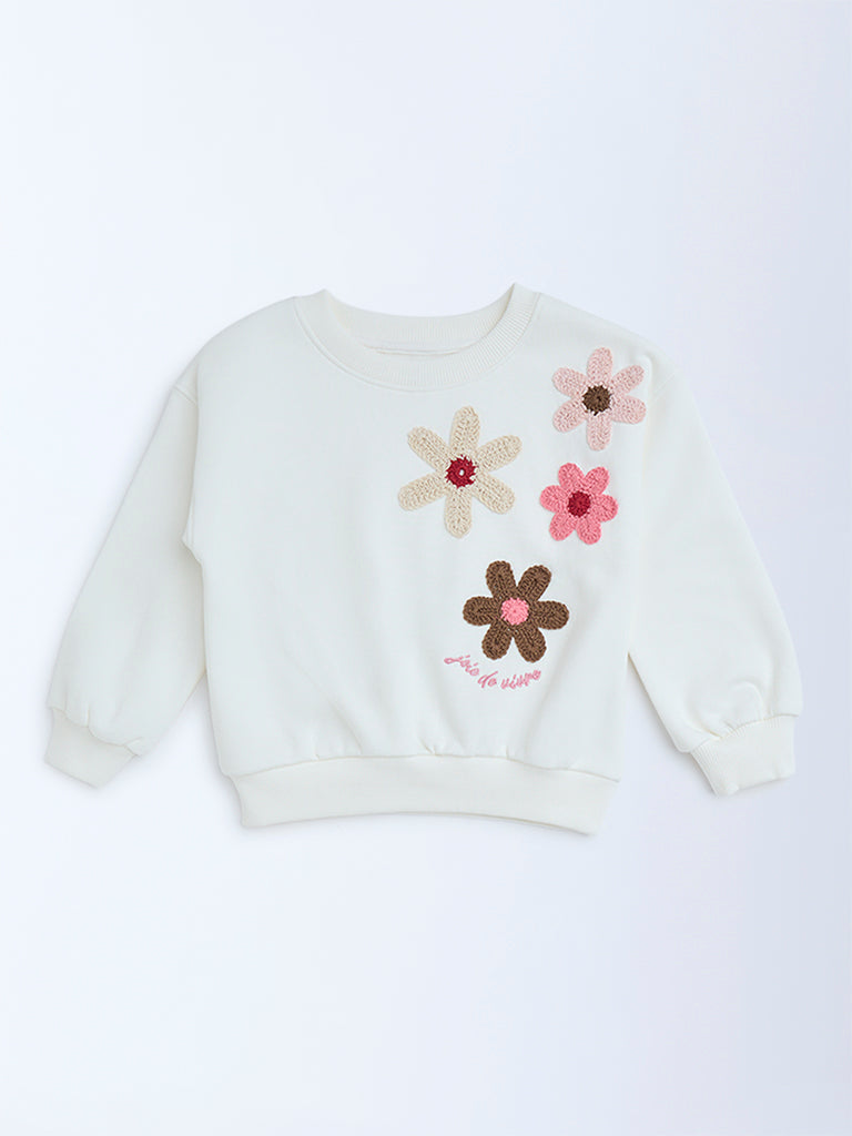 HOP Kids White Floral Embroidered Cotton Sweatshirt - Image 3
