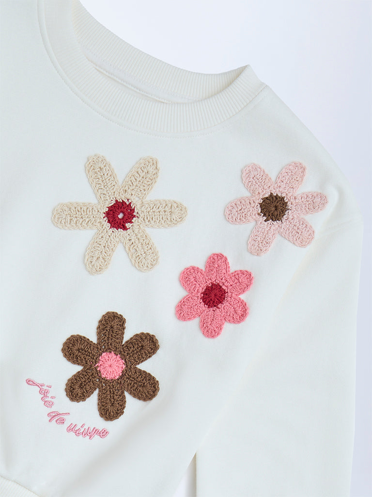 HOP Kids White Floral Embroidered Cotton Sweatshirt - Image 5