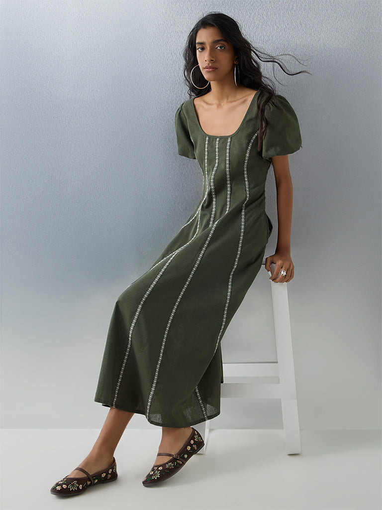Bombay Paisley Olive Striped Cotton-Blend A-Line Dress - Image 2
