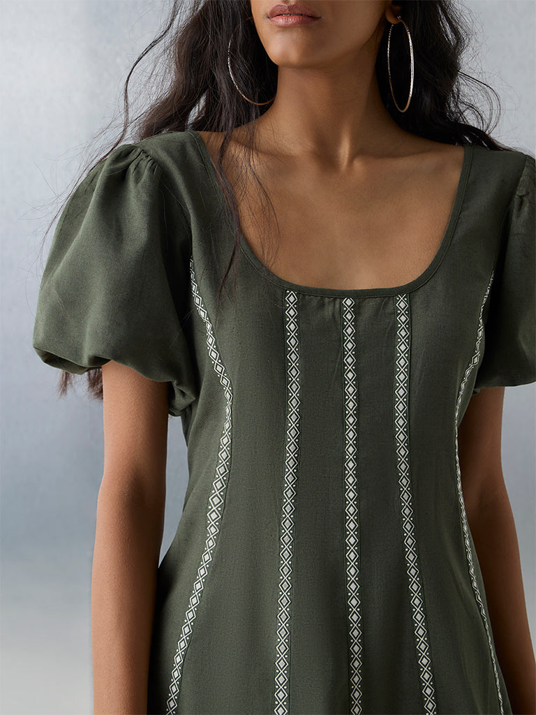 Bombay Paisley Olive Striped Cotton-Blend A-Line Dress - Image 3