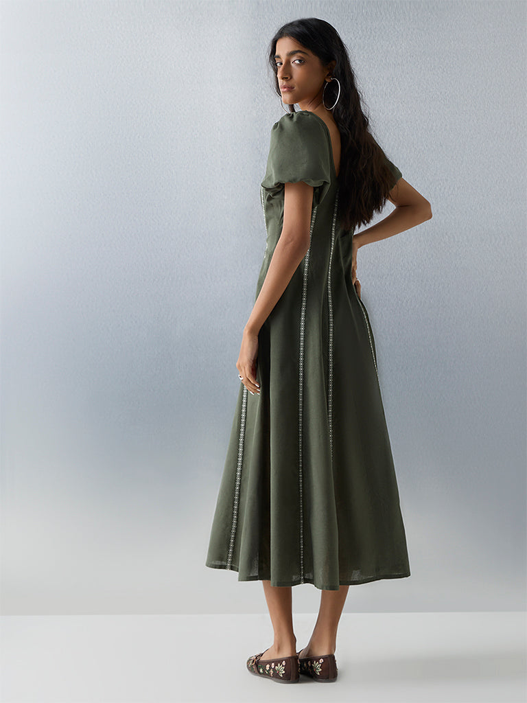 Bombay Paisley Olive Striped Cotton-Blend A-Line Dress - Image 4