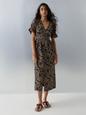 Bombay Paisley Black Floral Embroidered Cotton A-Line Dress