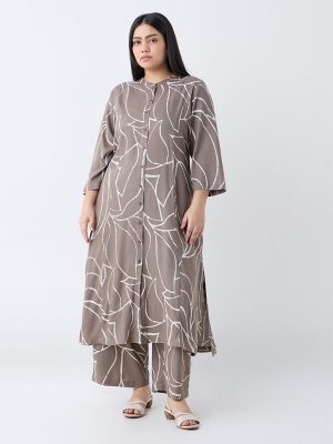 Diza Taupe Printed A-Line Kurta