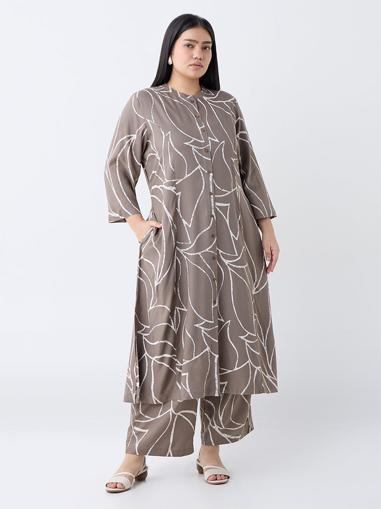 Diza Taupe Printed A-Line Kurta - Image 2