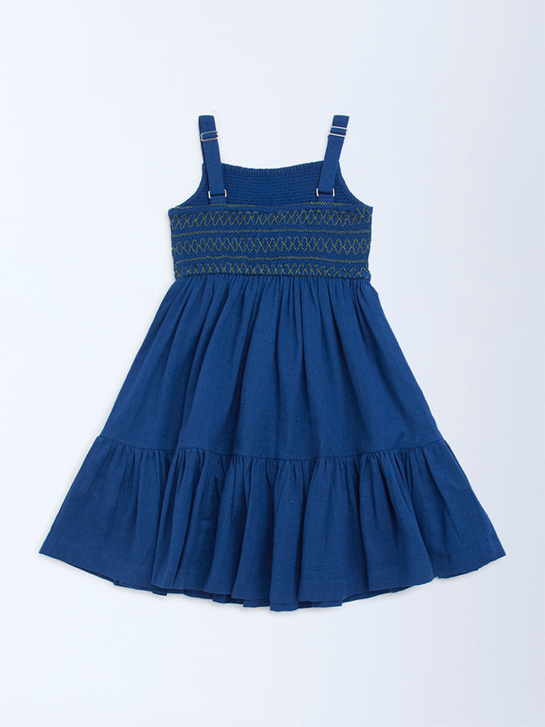 Utsa Kids Navy Embroidered Cotton-Blend A-Line Dress - (2-8yrs) - Image 3