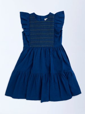 Utsa Kids Navy Embroidered Cotton A-Line Dress - (8-14yrs)