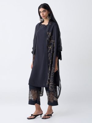 Vark Black Floral Detailed A-Line Ethnic Set