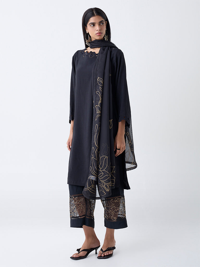 Vark Black Floral Detailed A-Line Ethnic Set - Image 2