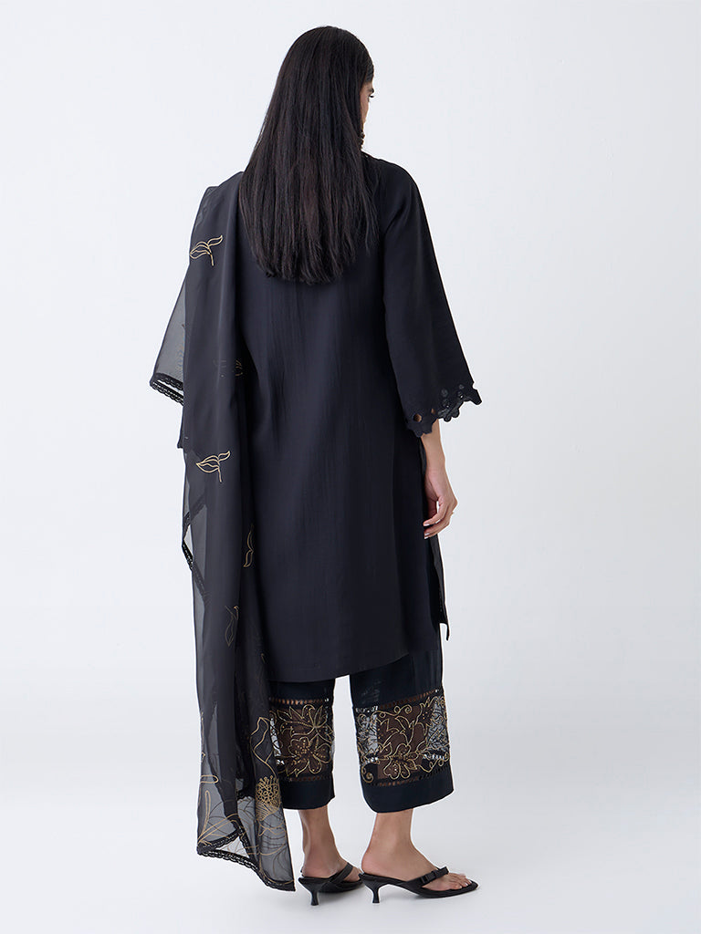 Vark Black Floral Detailed A-Line Ethnic Set - Image 4