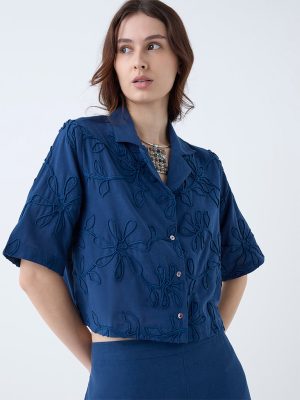 Utsa Indigo Floral Embroidered Cotton-Blend Shirt
