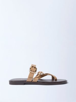 LUNA BLU Beige Dual-Strap Buckled Slides