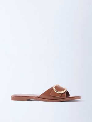 LUNA BLU Tan Buckle-Detailed Slides