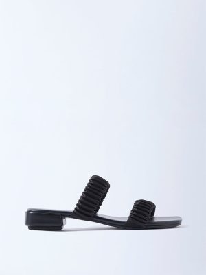 LUNA BLU Black Ruched Dual-Strap Sandals