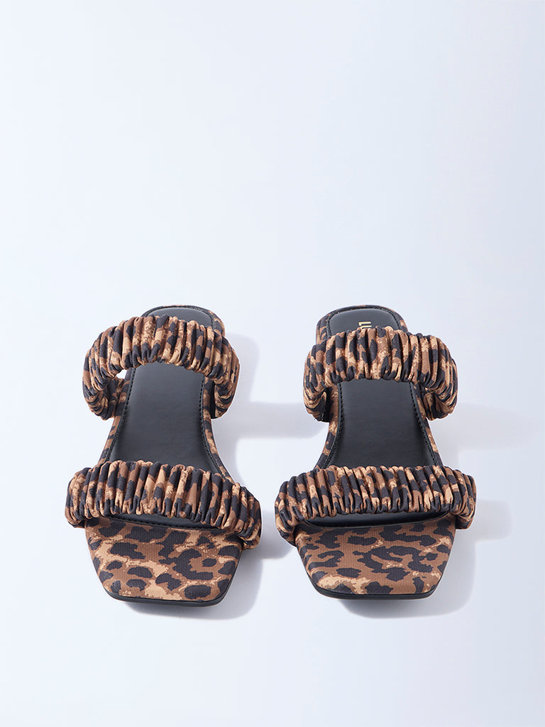 LUNA BLU Brown Leopard Ruched Dual-Strap Sandals - Image 2