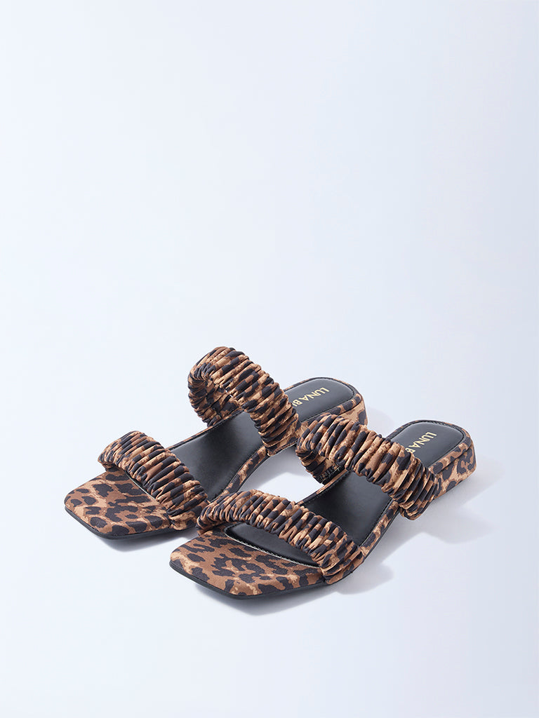 LUNA BLU Brown Leopard Ruched Dual-Strap Sandals - Image 3