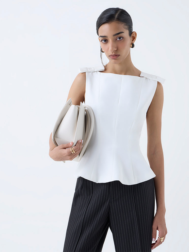 Wardrobe White Bow-Detailed Peplum Top