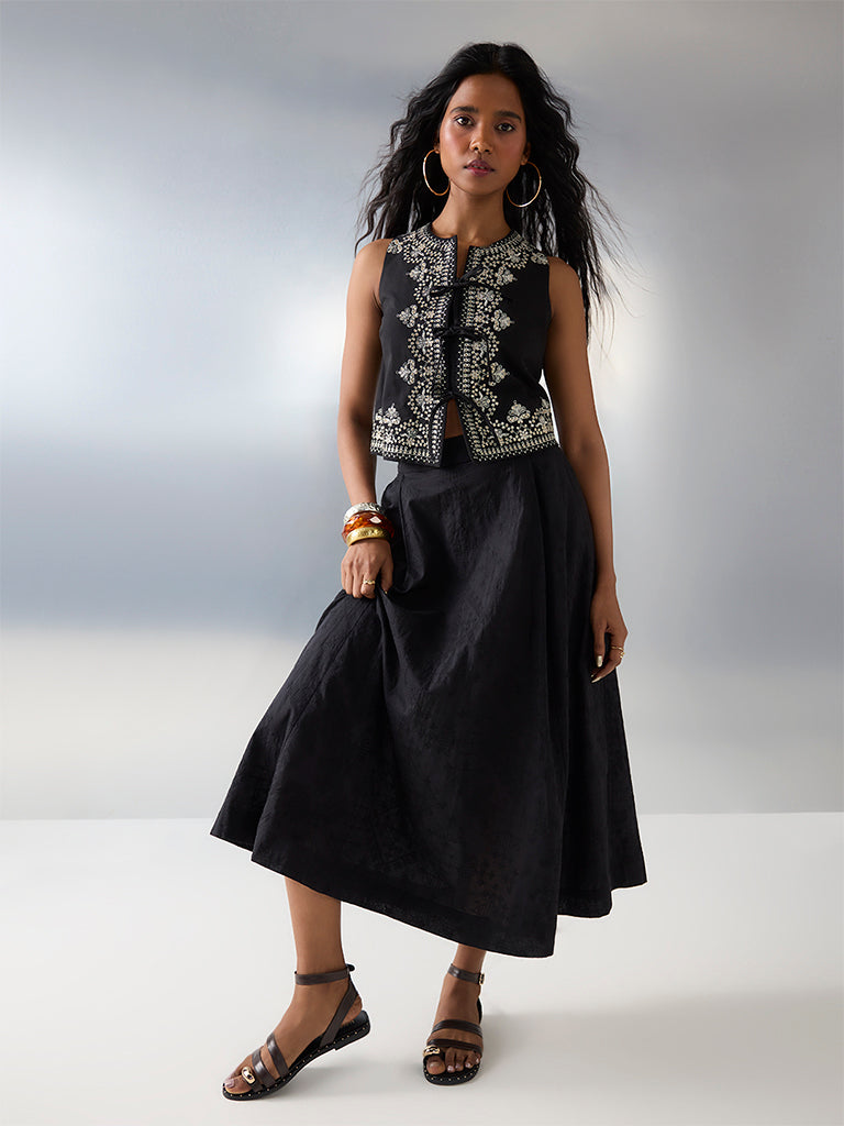 Bombay Paisley Black Embroidered High-Rise Cotton Skirt