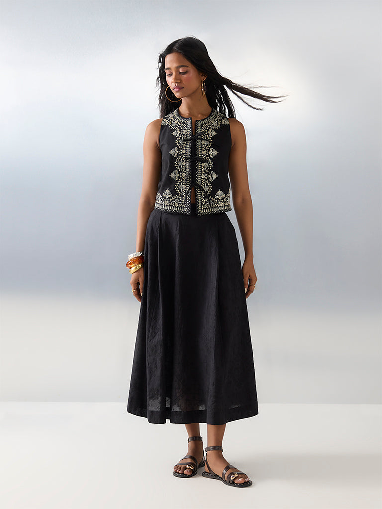 Bombay Paisley Black Embroidered High-Rise Cotton Skirt - Image 3
