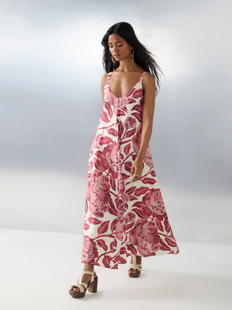 Bombay Paisley Red Botanical Printed Cotton A-Line Dress - Image 2